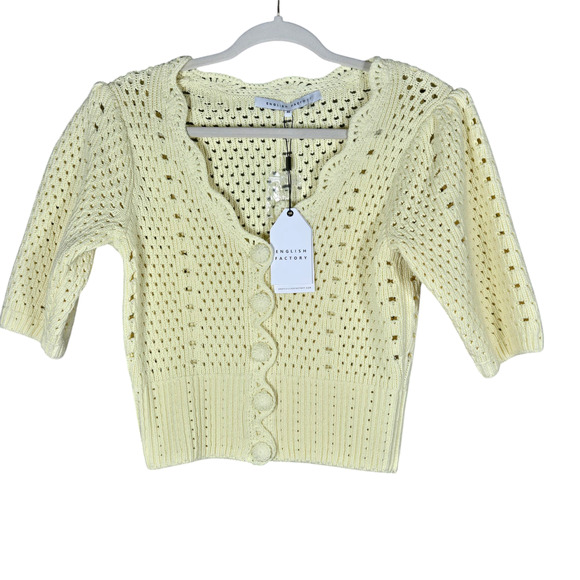 English Factory Cardigan Womens XSmall Pastel Yellow Crochet Cropped Scalloped - Picture 1 of 12